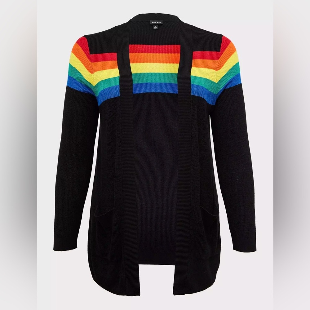 Torrid Celebrate Love Black & Rainbow Stripe Rib Open Front Cardigan - SZ 1